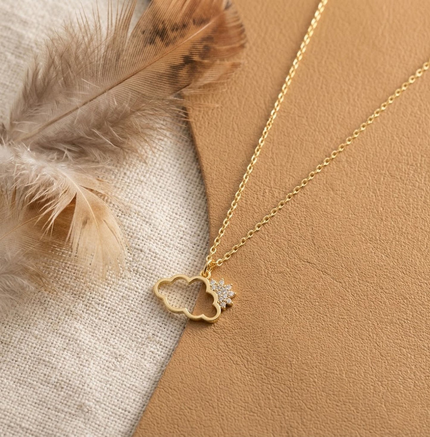 Handmade 18K Gold Sun & Cloud Moissanite Necklace – Dainty Celestial Pendant for Women