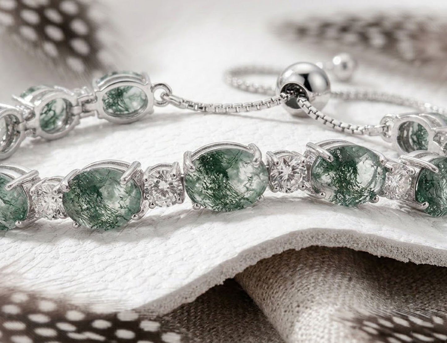 Natural Moss Agate & Moissanite Bolo Bracelet – Handmade Adjustable Green Gemstone Bracelet for Women