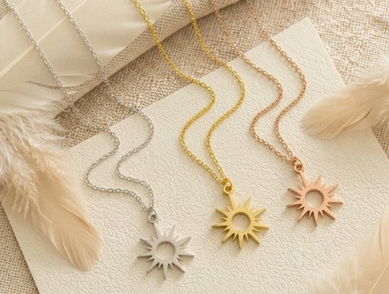 14K Gold Sunburst Necklace – Minimalist Celestial Sun Pendant