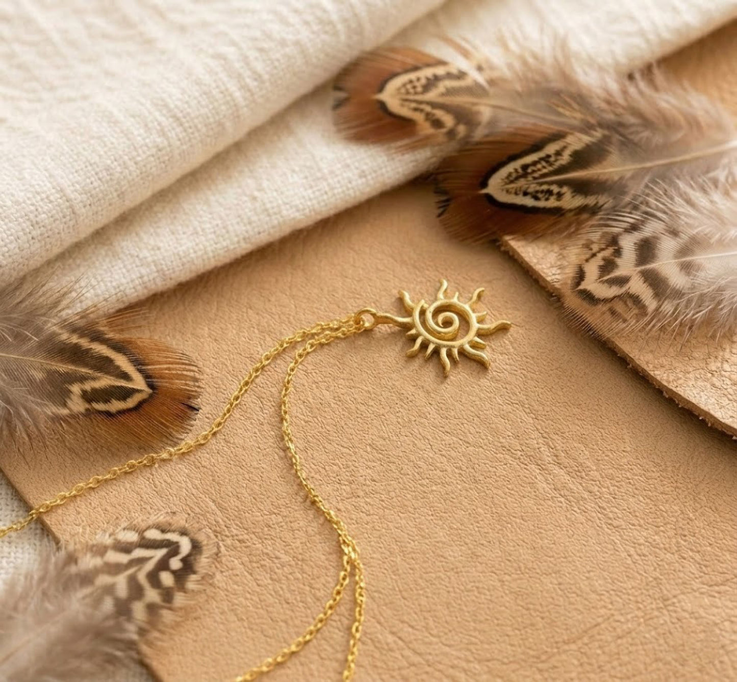 Handmade 18K Gold Spiral Sun Necklace – Minimalist Celestial Pendant for Women