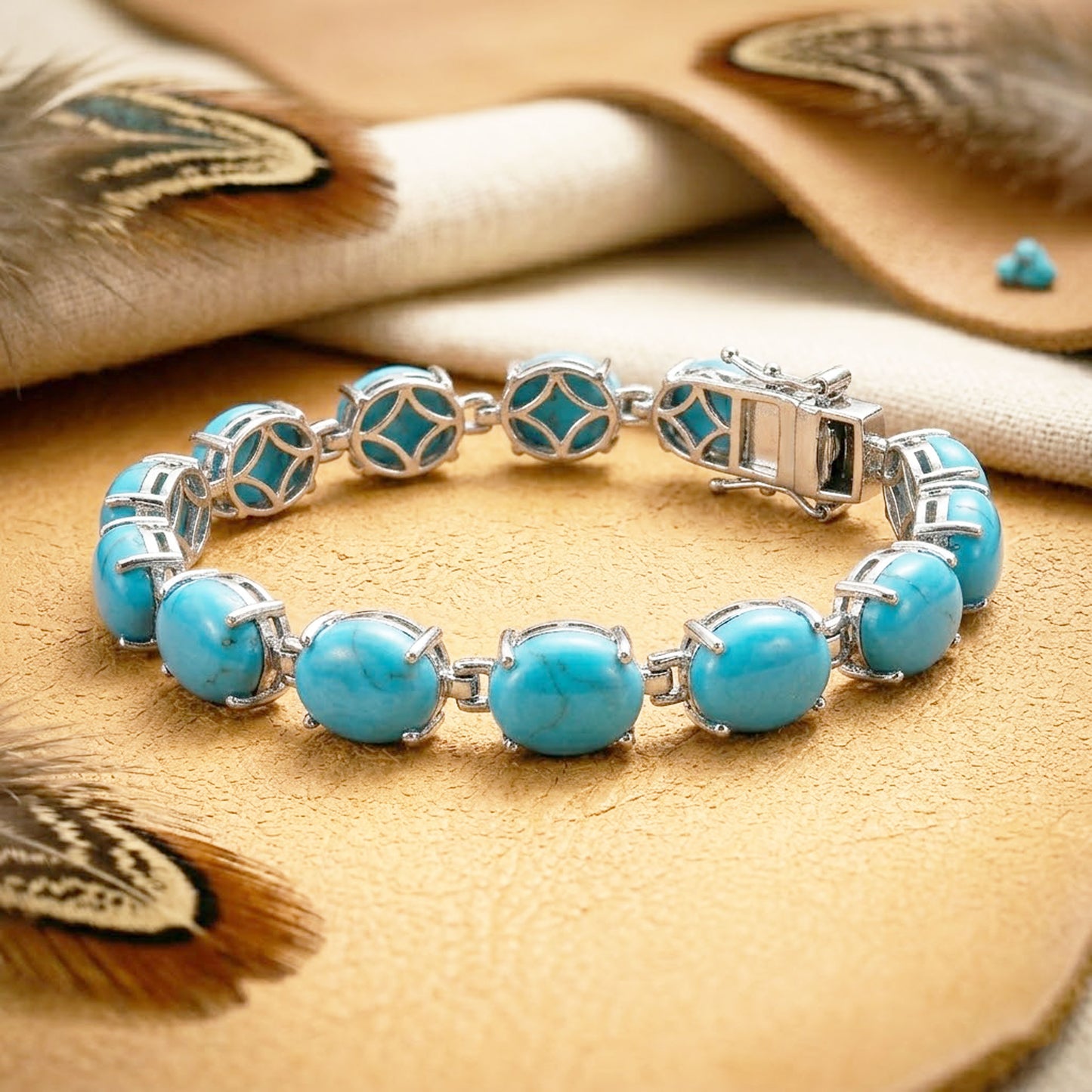 Natural Turquoise Tennis Bracelet – Handmade Gemstone Link Bracelet for Women