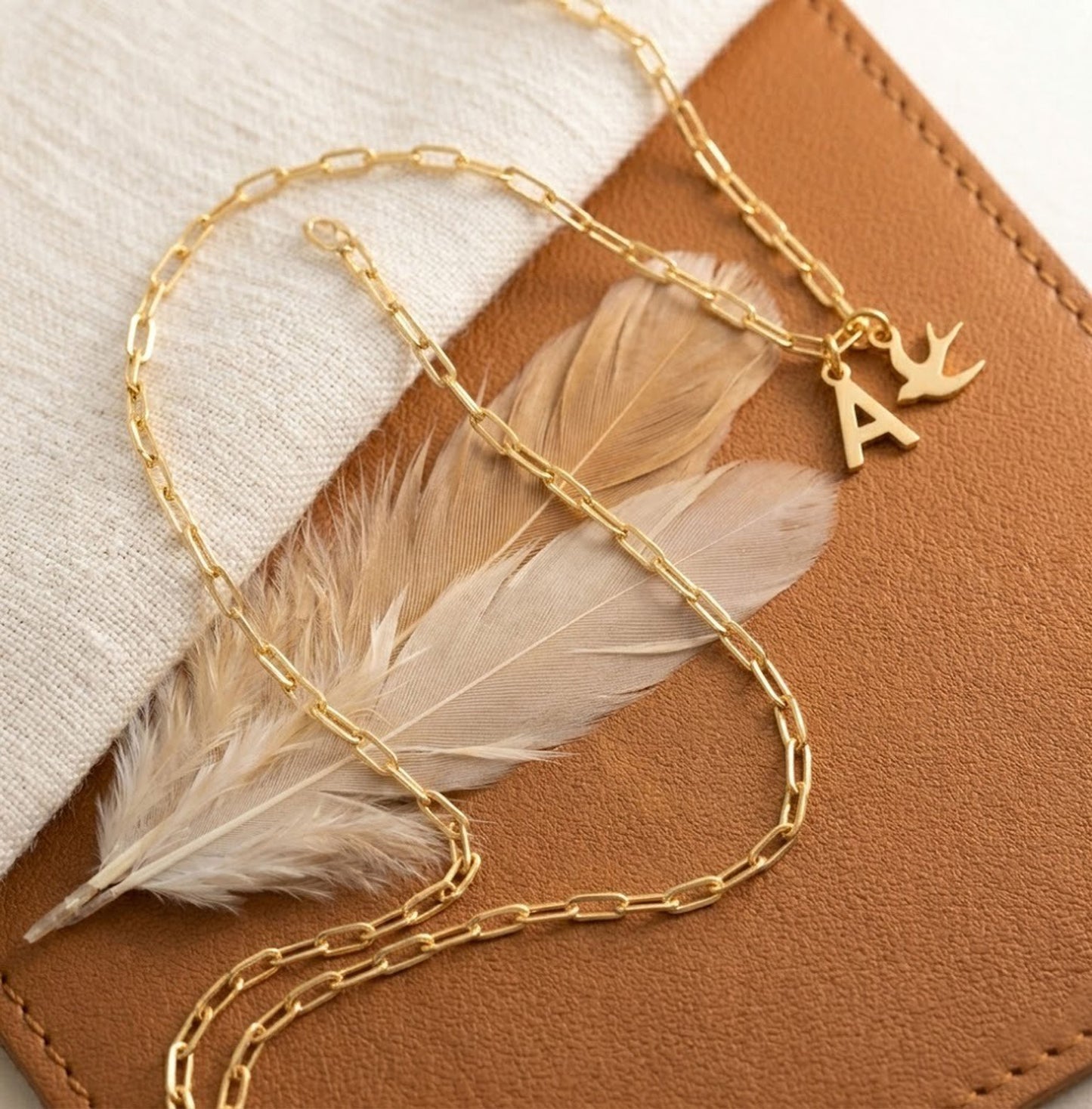 Handmade 18K Gold Initial A Bird Necklace – Personalized Swallow Pendant for Women