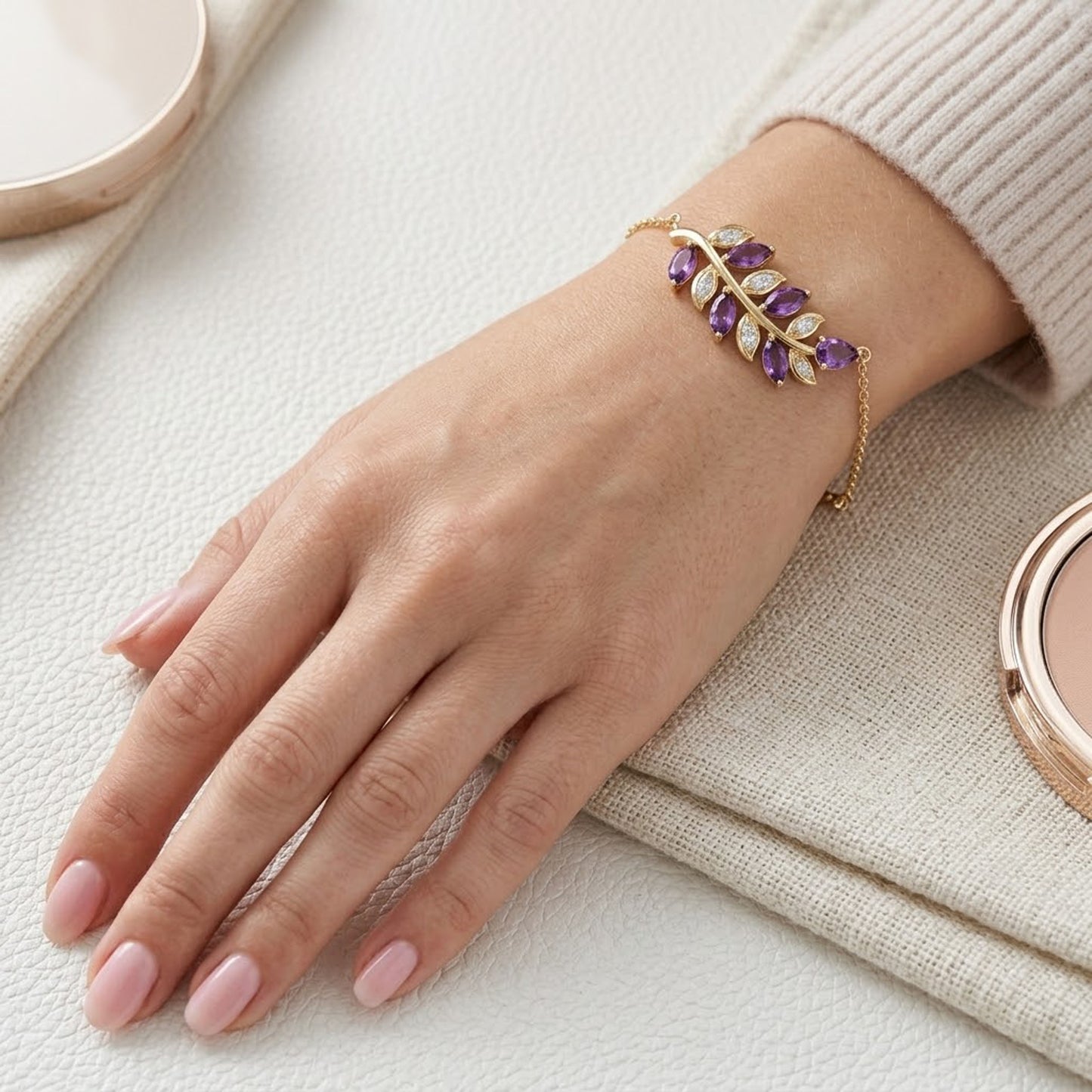 Natural Amethyst & Moissanite Leaf Bracelet – Olive Branch Gemstone Jewelry for Women