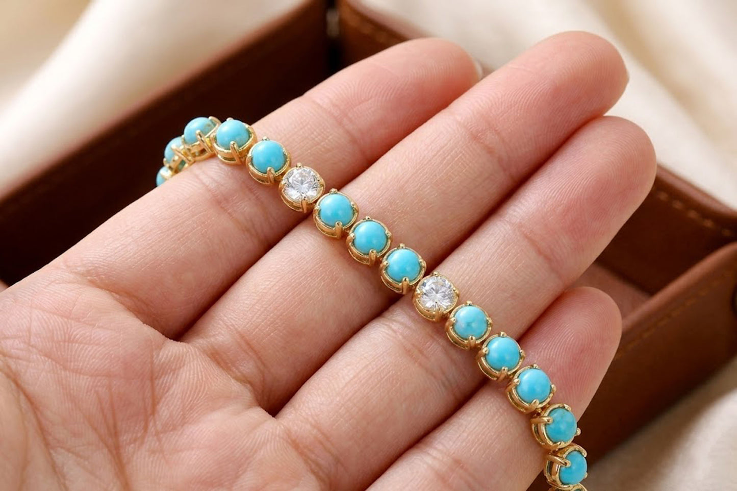 Natural Turquoise & Moissanite Tennis Bracelet – Handmade Gemstone Link Bracelet for Women