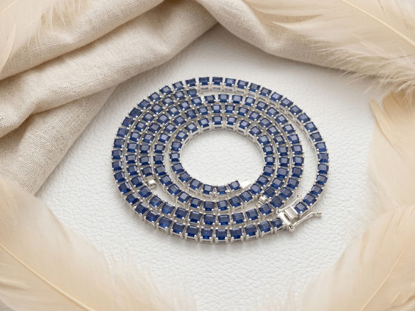 Natural Blue Sapphire Tennis Necklace – Princess Cut Gemstone Jewelry for Women