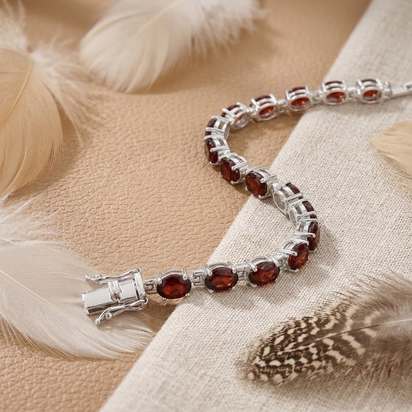 Natural Garnet Oval Tennis Bracelet in 925 Sterling Silver – Handmade Red Gemstone Jewelry