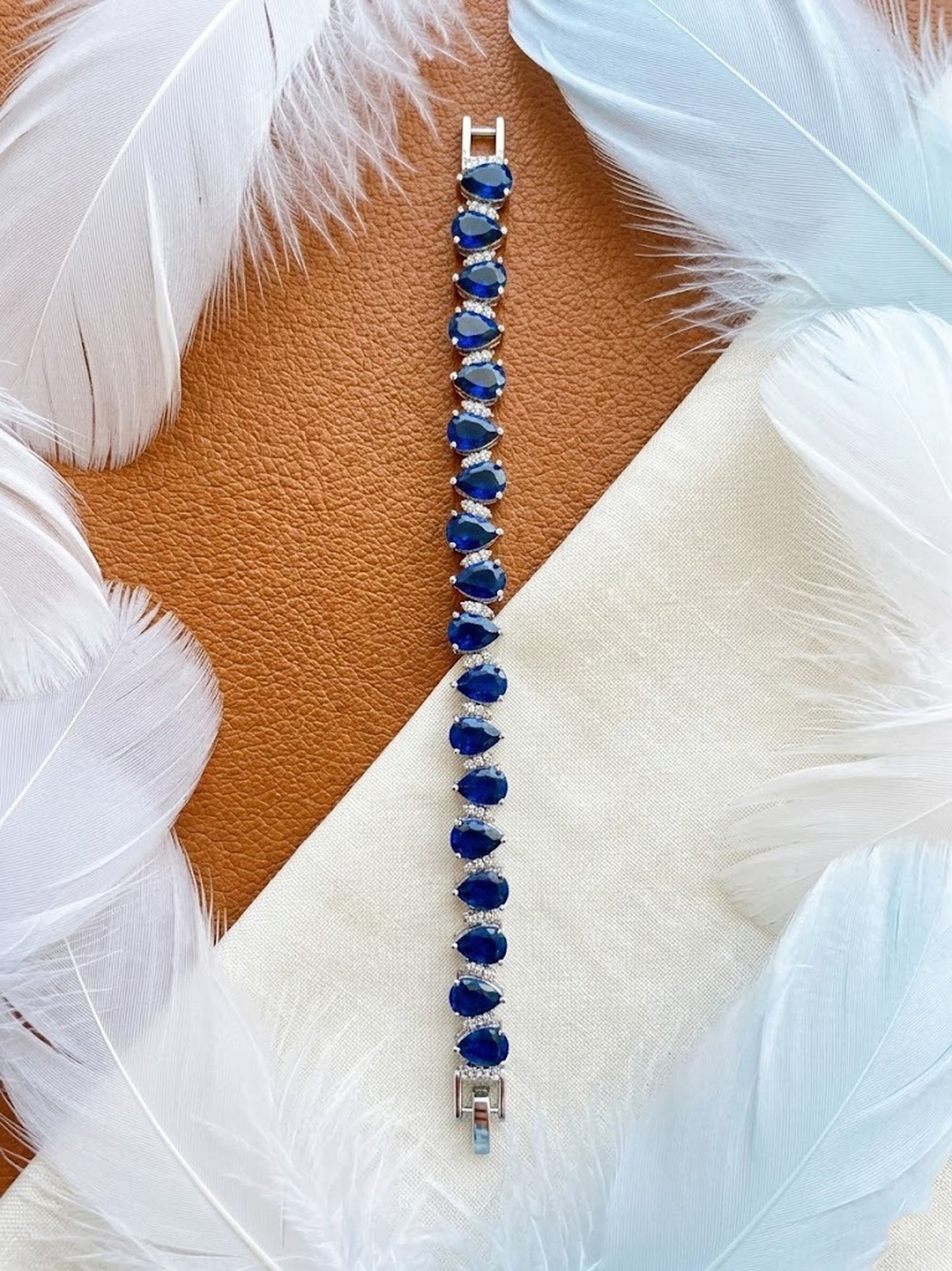 Natural Blue Sapphire & Moissanite Bracelet – Pear Cut Tennis Bracelet for Women