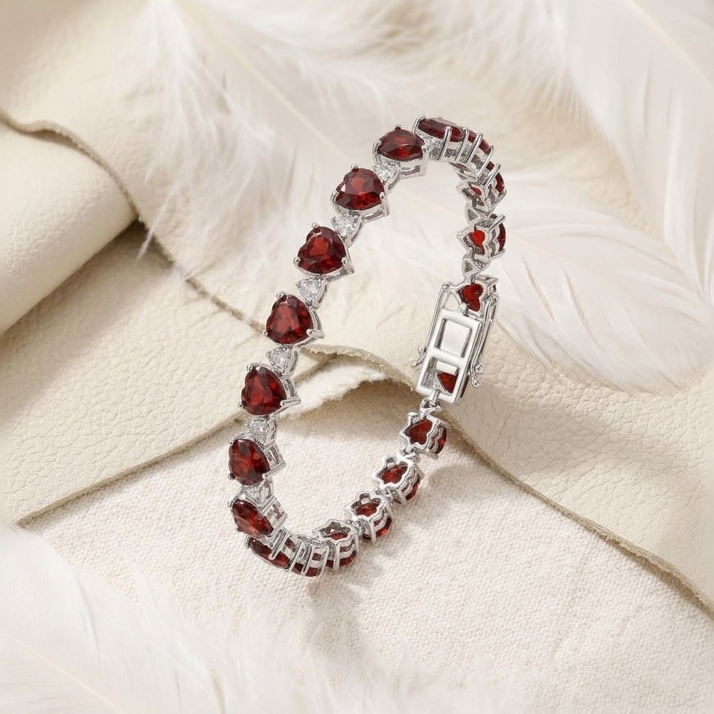 Natural Garnet & Moissanite Heart Bracelet – Romantic Red Gemstone Tennis Bracelet