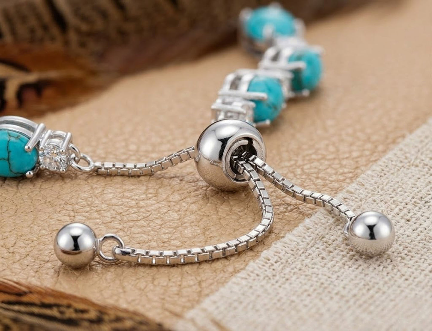 Natural Turquoise & Moissanite Bolo Bracelet – Adjustable Gemstone Bracelet for Women