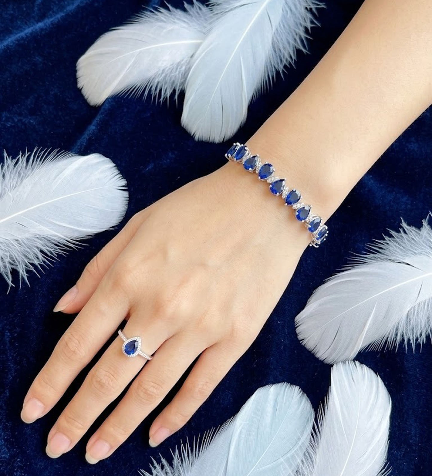 Natural Blue Sapphire & Moissanite Bracelet – Pear Cut Tennis Bracelet for Women