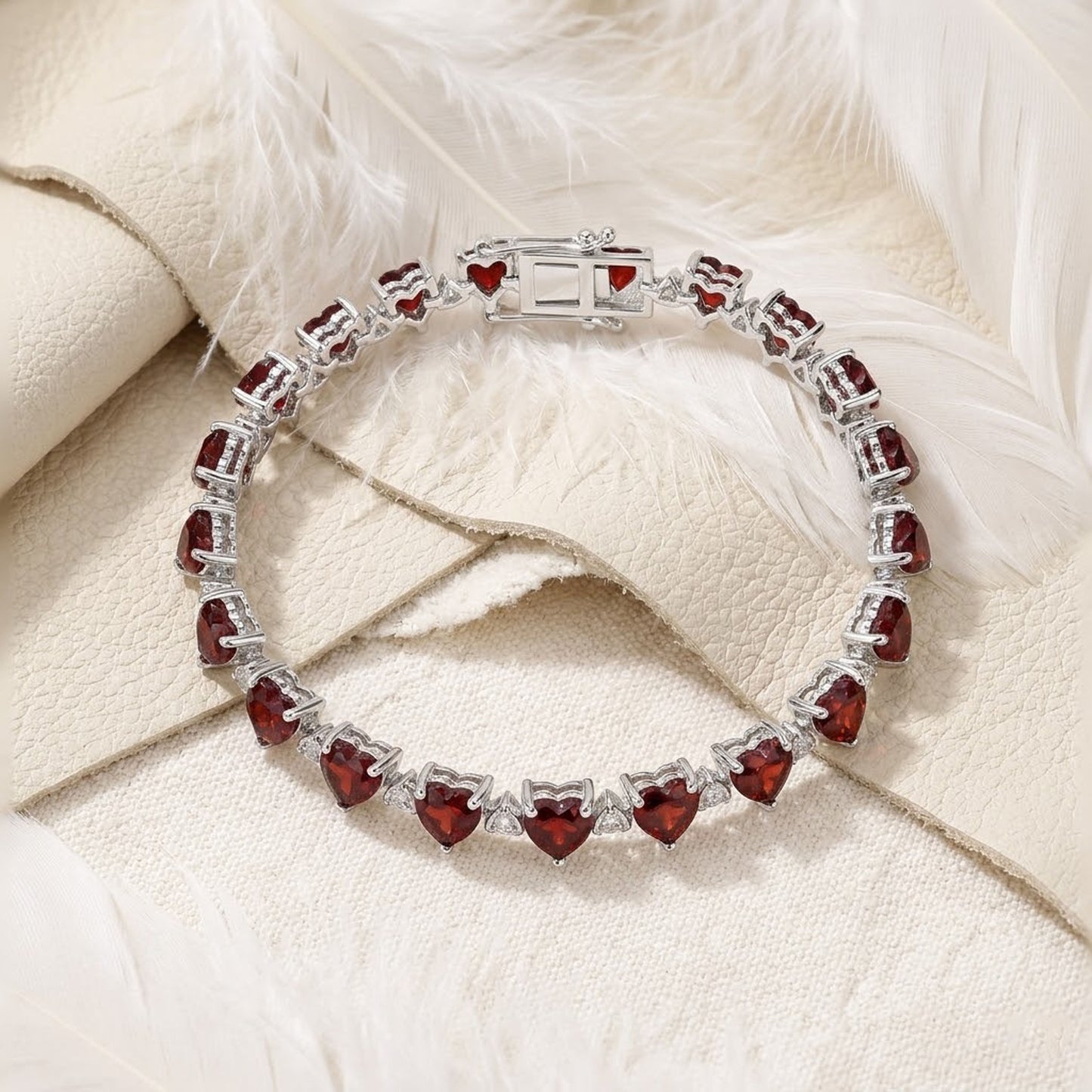 Natural Garnet & Moissanite Heart Bracelet – Romantic Red Gemstone Tennis Bracelet