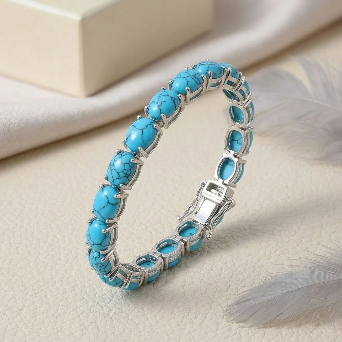 Natural Turquoise Tennis Bracelet – Handmade Gemstone Link Bracelet for Women