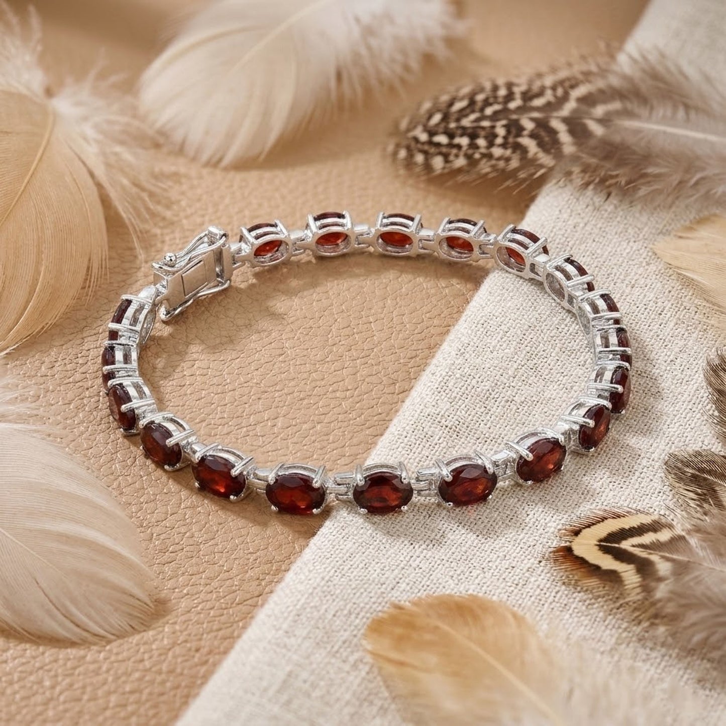 Natural Garnet Oval Tennis Bracelet in 925 Sterling Silver – Handmade Red Gemstone Jewelry