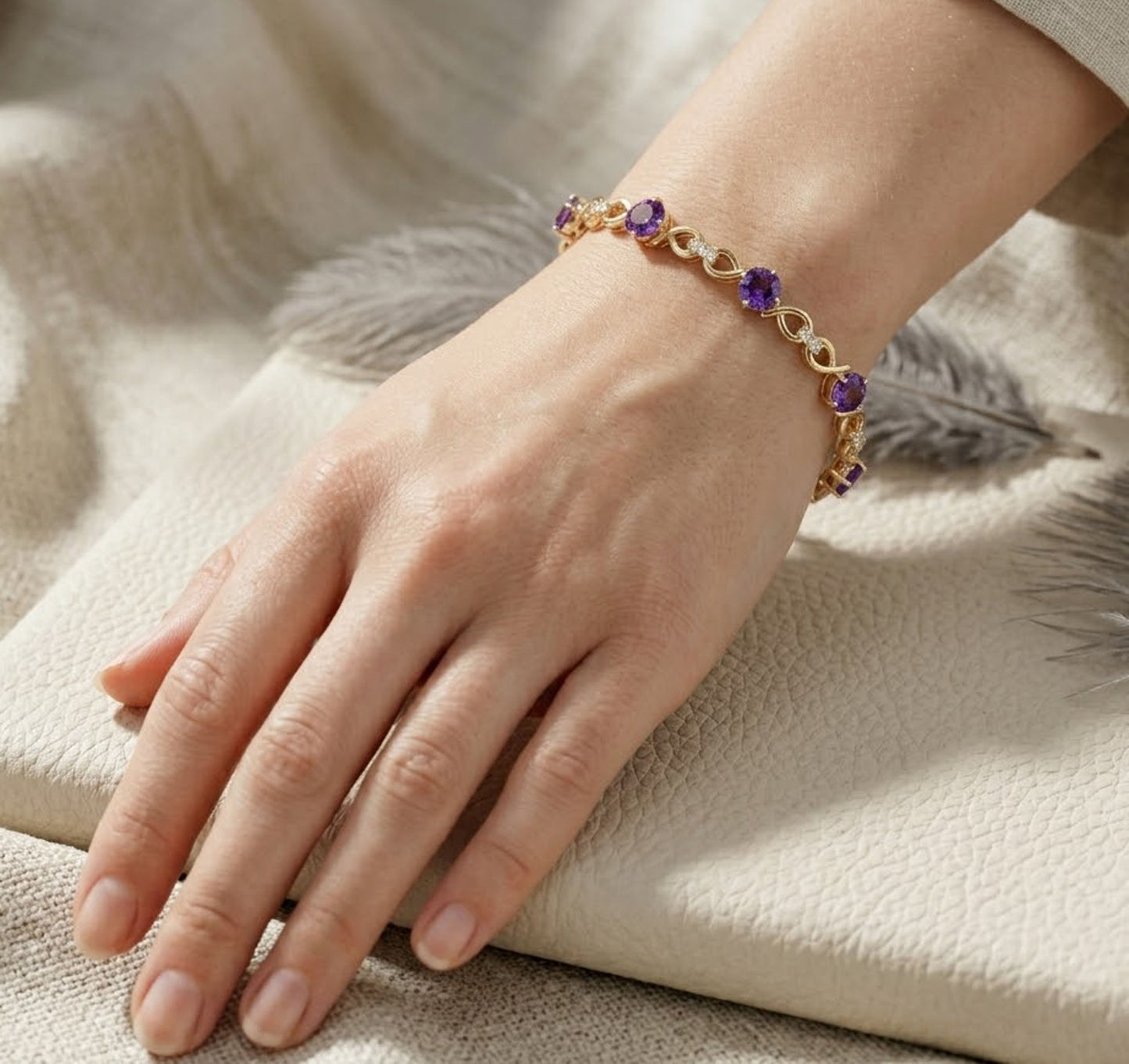 Natural Amethyst & Moissanite Infinity Link Bracelet – Elegant Gemstone Jewelry for Women