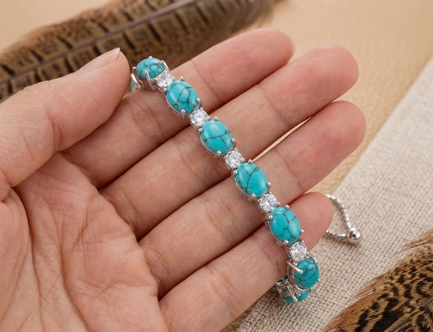 Natural Turquoise & Moissanite Bolo Bracelet – Adjustable Gemstone Bracelet for Women