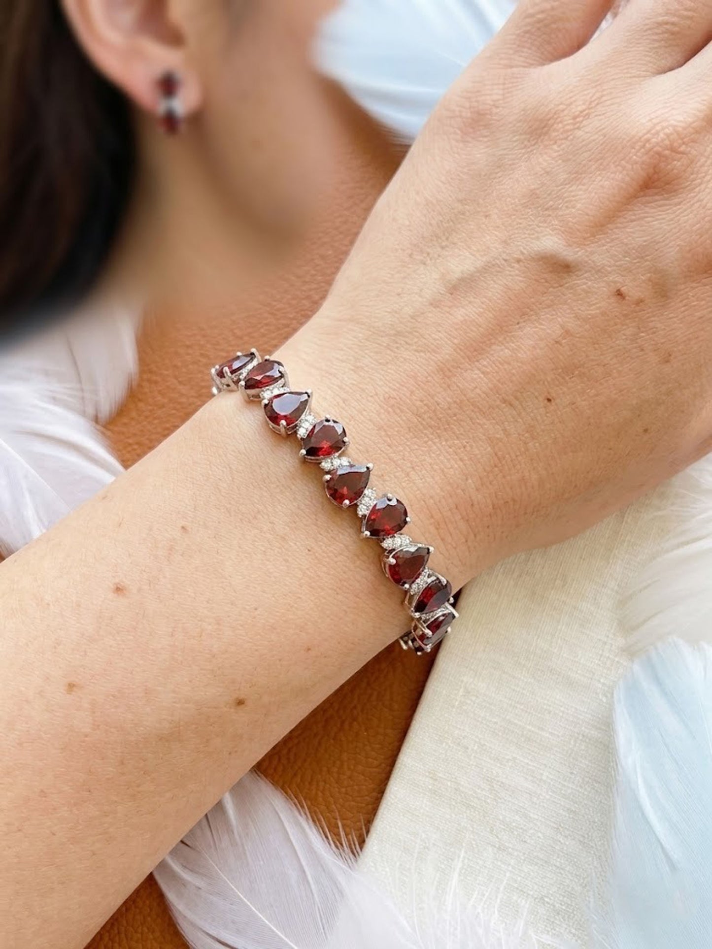 Natural Red Garnet & Moissanite Bracelet – Pear Cut Teardrop Tennis Bracelet for Women