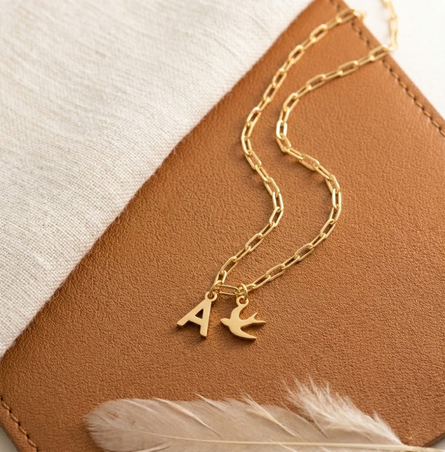Handmade 18K Gold Initial A Bird Necklace – Personalized Swallow Pendant for Women
