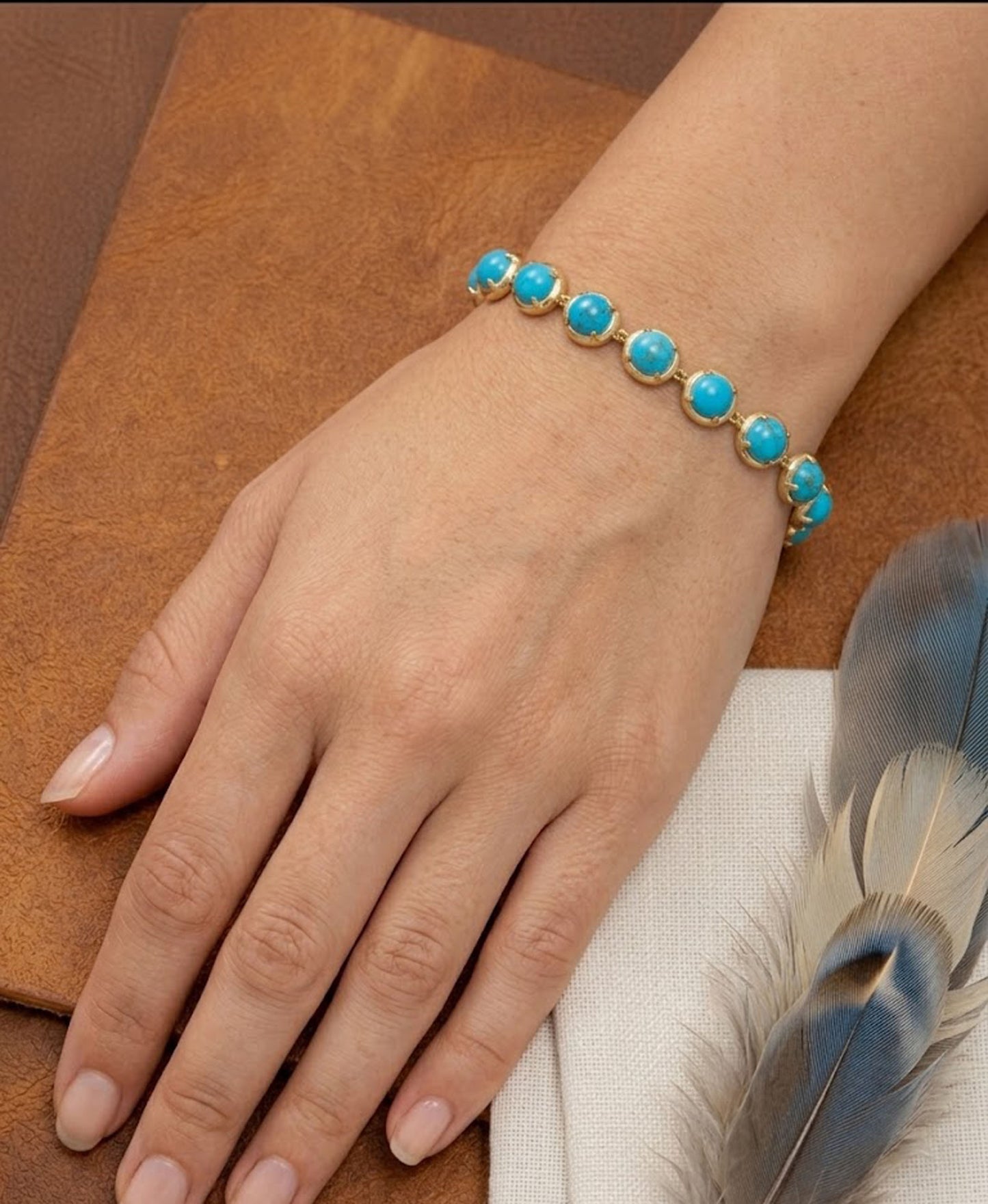 Natural Turquoise Tennis Bracelet – Handmade Round Gemstone Link Bracelet for Women