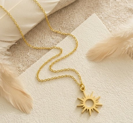 14K Gold Sunburst Necklace – Minimalist Celestial Sun Pendant