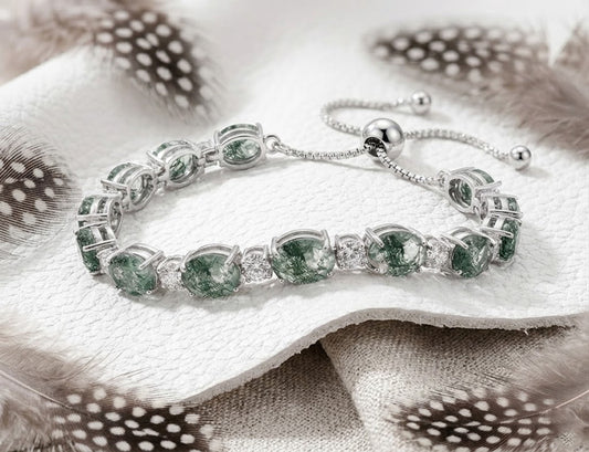 Natural Moss Agate & Moissanite Bolo Bracelet – Handmade Adjustable Green Gemstone Bracelet for Women