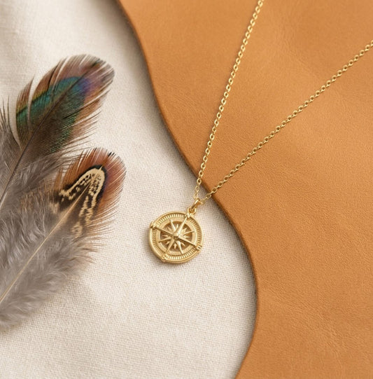 Handmade 18K Gold Compass Necklace – Vintage Nautical Medallion Pendant for Women