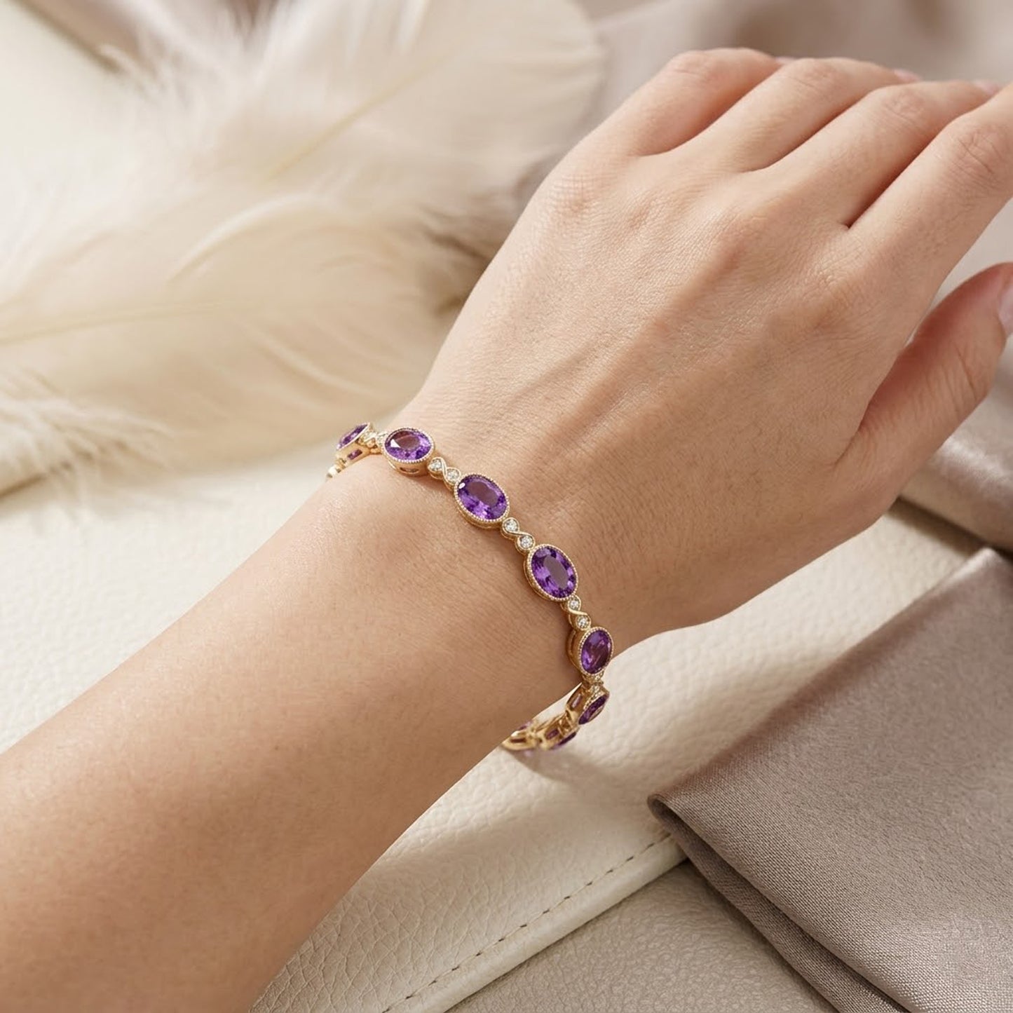 Natural Amethyst & Moissanite Link Bracelet – Purple Gemstone Jewelry for Women