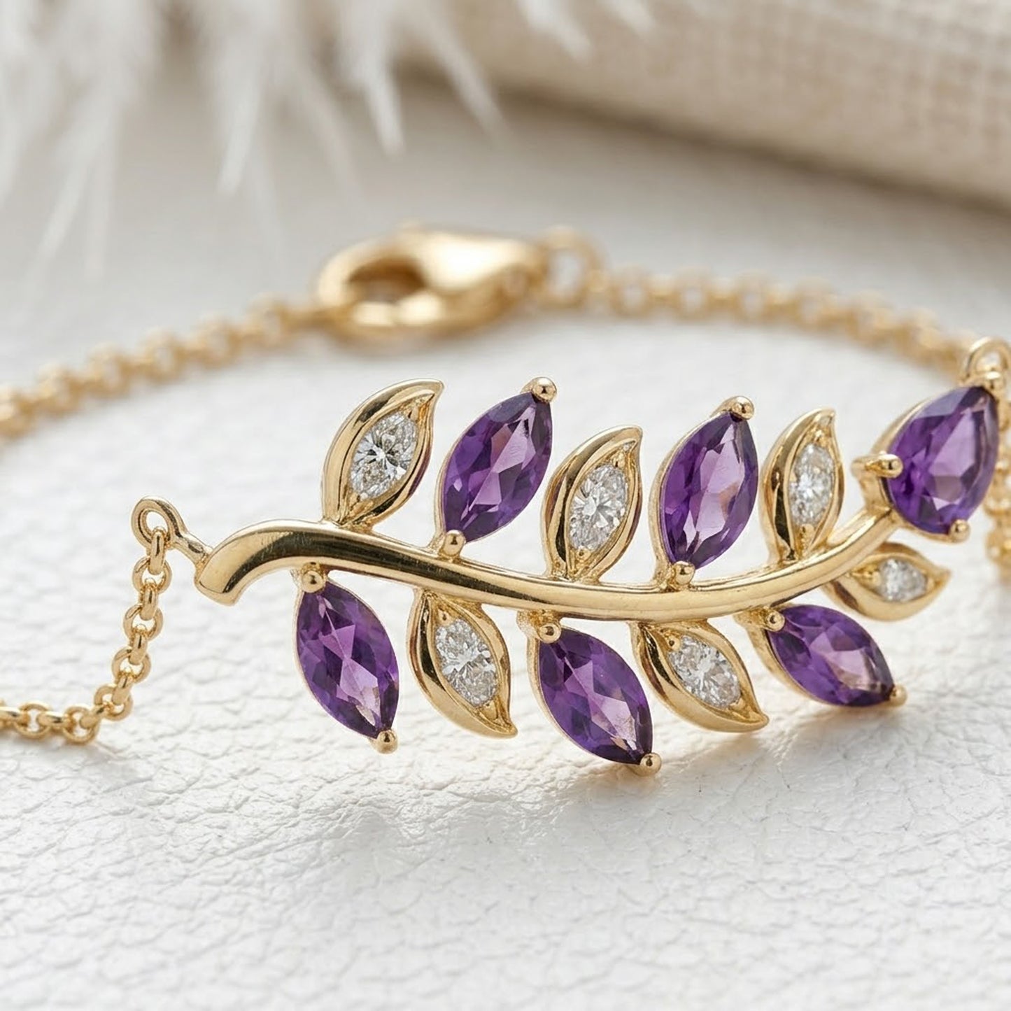 Natural Amethyst & Moissanite Leaf Bracelet – Olive Branch Gemstone Jewelry for Women