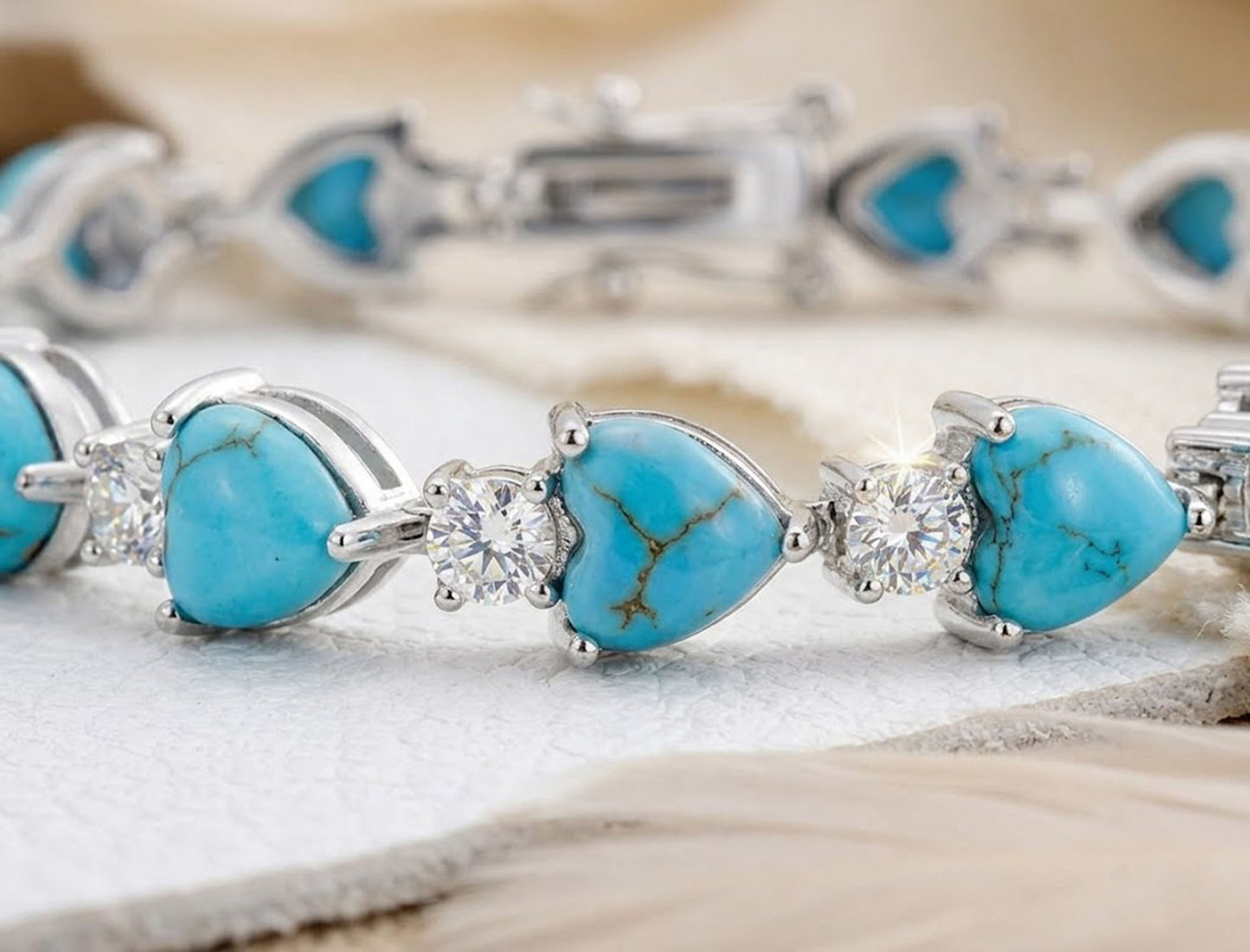 Natural Turquoise & Moissanite Heart Tennis Bracelet – Handmade Gemstone Jewelry for Women