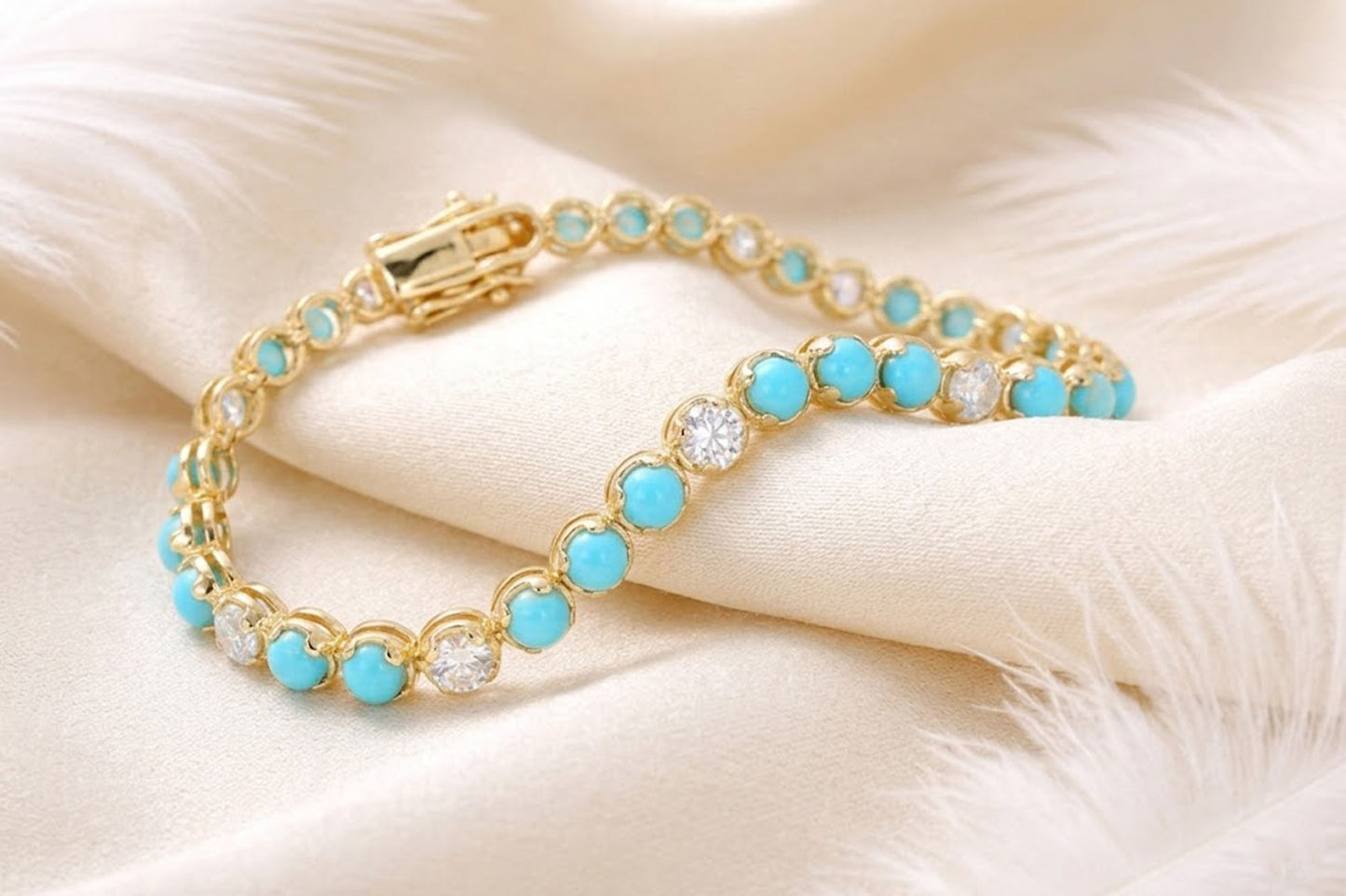 Natural Turquoise & Moissanite Tennis Bracelet – Handmade Gemstone Link Bracelet for Women