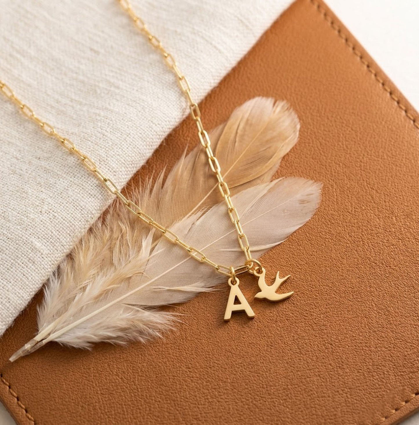 Handmade 18K Gold Initial A Bird Necklace – Personalized Swallow Pendant for Women