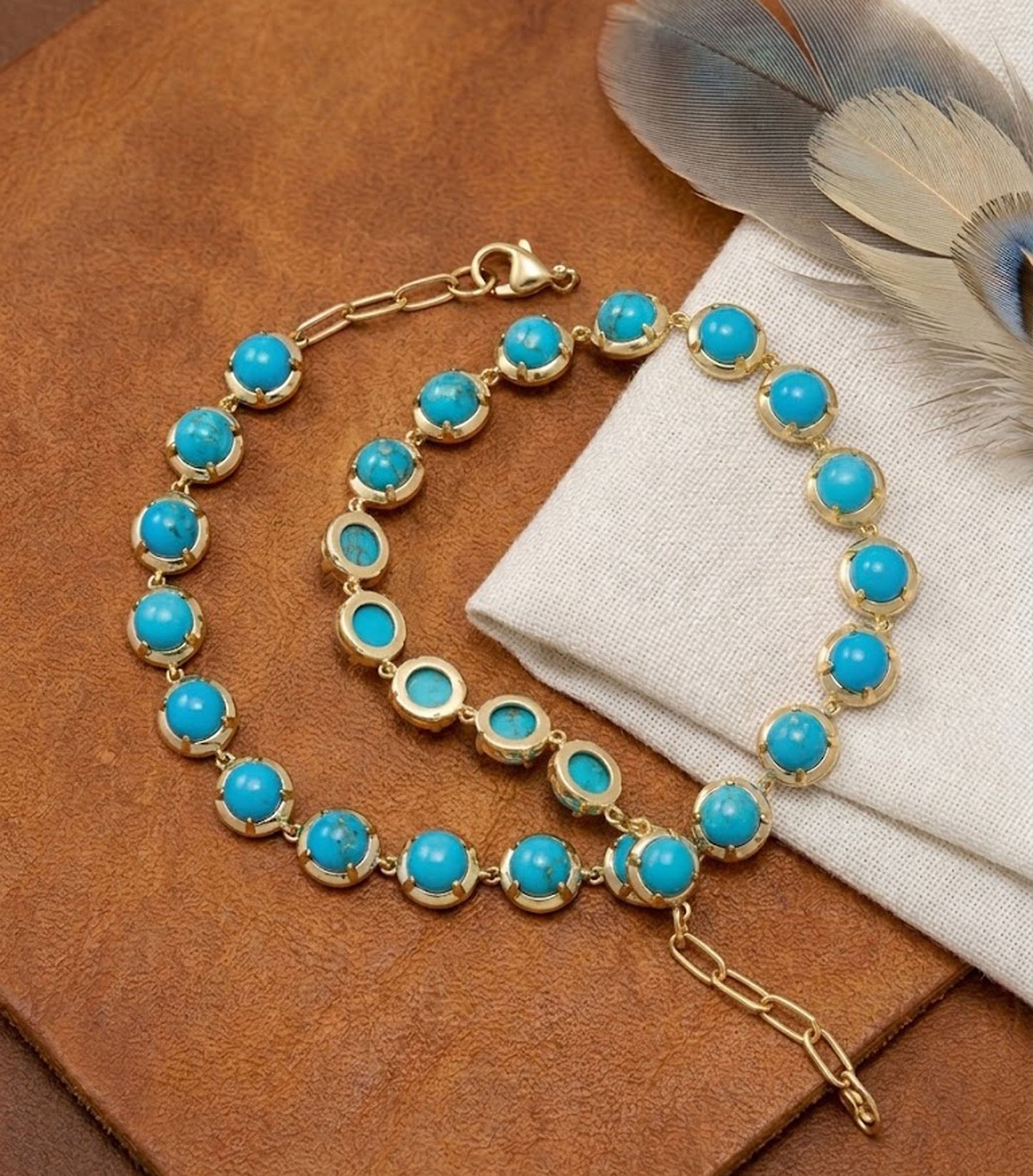 Natural Turquoise Tennis Bracelet – Handmade Round Gemstone Link Bracelet for Women