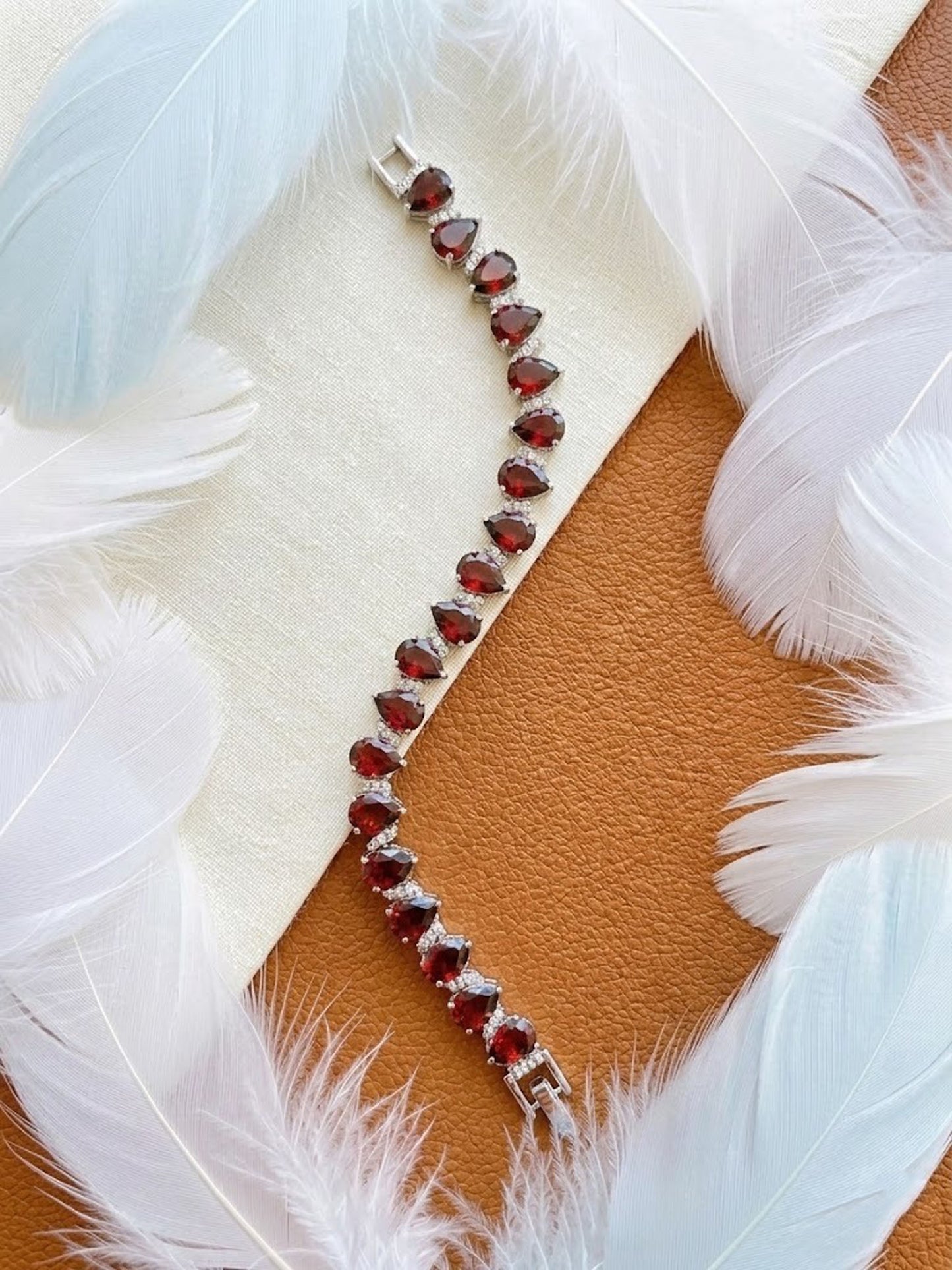 Natural Red Garnet & Moissanite Bracelet – Pear Cut Teardrop Tennis Bracelet for Women