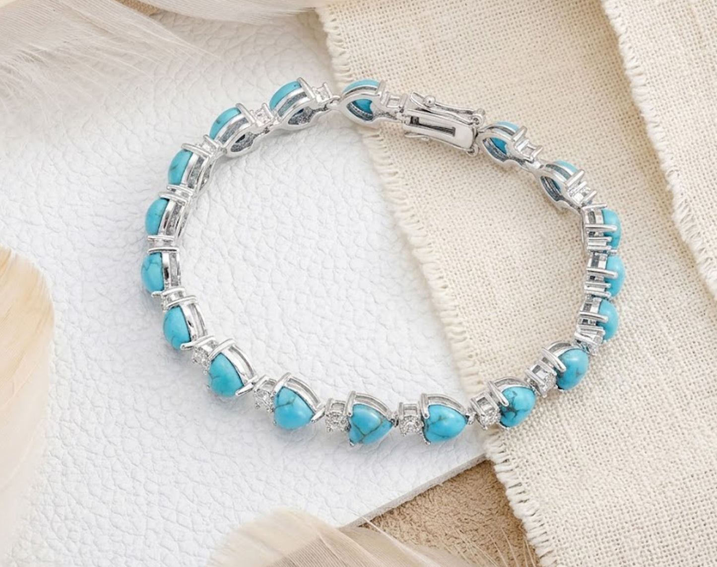 Natural Turquoise & Moissanite Heart Tennis Bracelet – Handmade Gemstone Jewelry for Women
