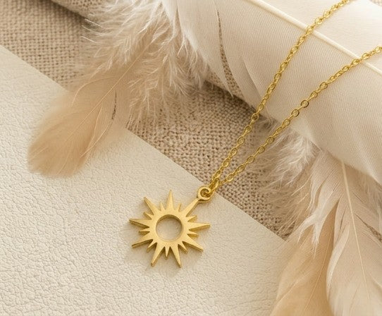 14K Gold Sunburst Necklace – Minimalist Celestial Sun Pendant