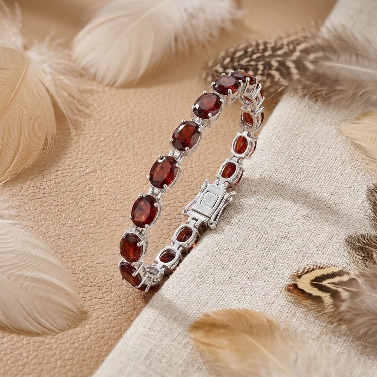 Natural Garnet Oval Tennis Bracelet in 925 Sterling Silver – Handmade Red Gemstone Jewelry