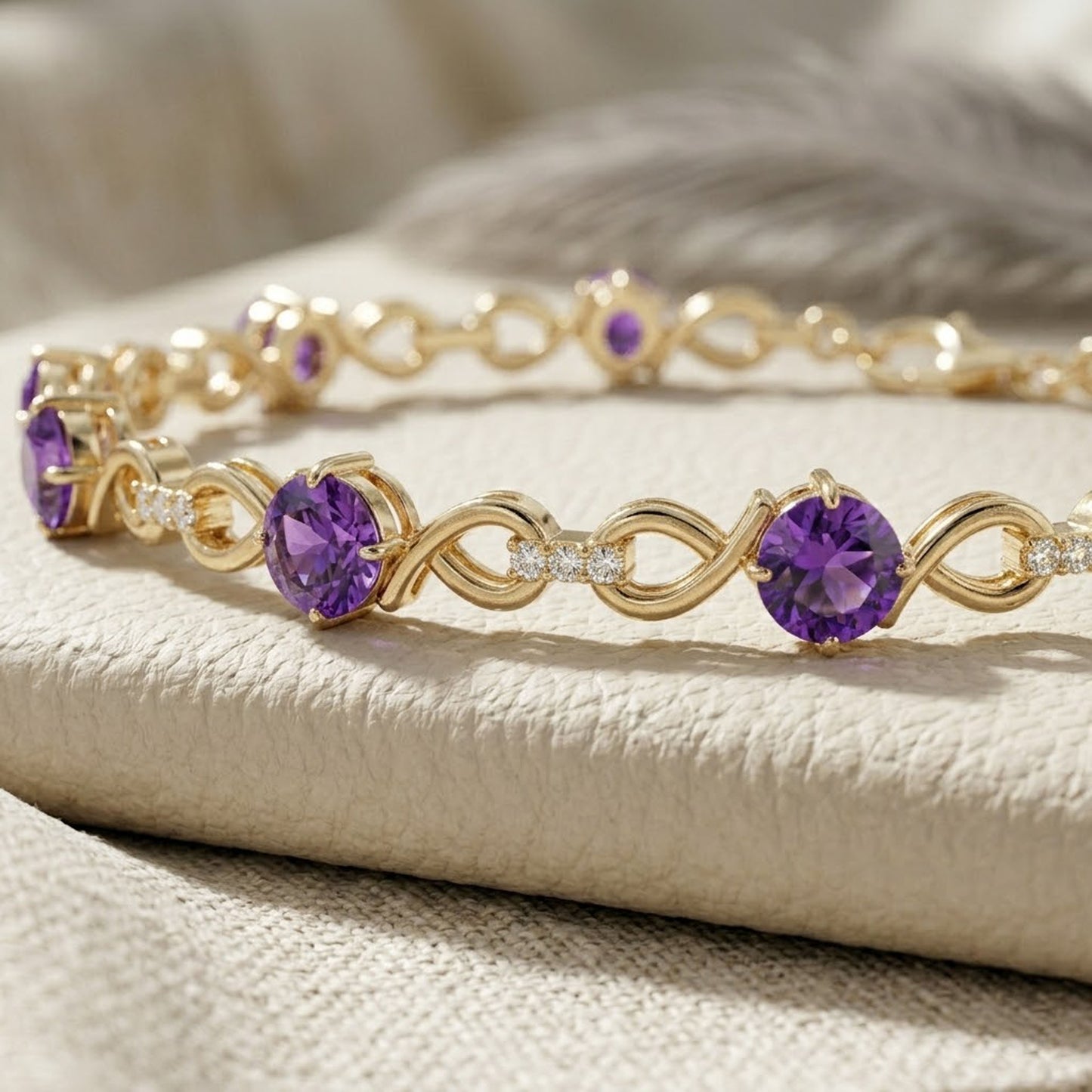 Natural Amethyst & Moissanite Infinity Link Bracelet – Elegant Gemstone Jewelry for Women