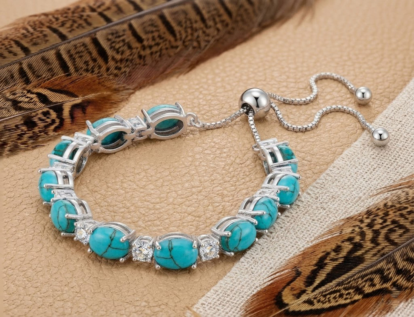 Natural Turquoise & Moissanite Bolo Bracelet – Adjustable Gemstone Bracelet for Women