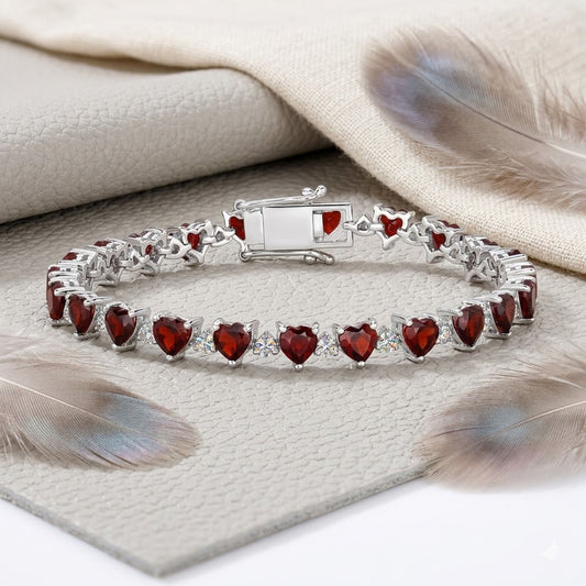Natural Garnet & Moissanite Heart Bracelet – Romantic Red Gemstone Tennis Bracelet