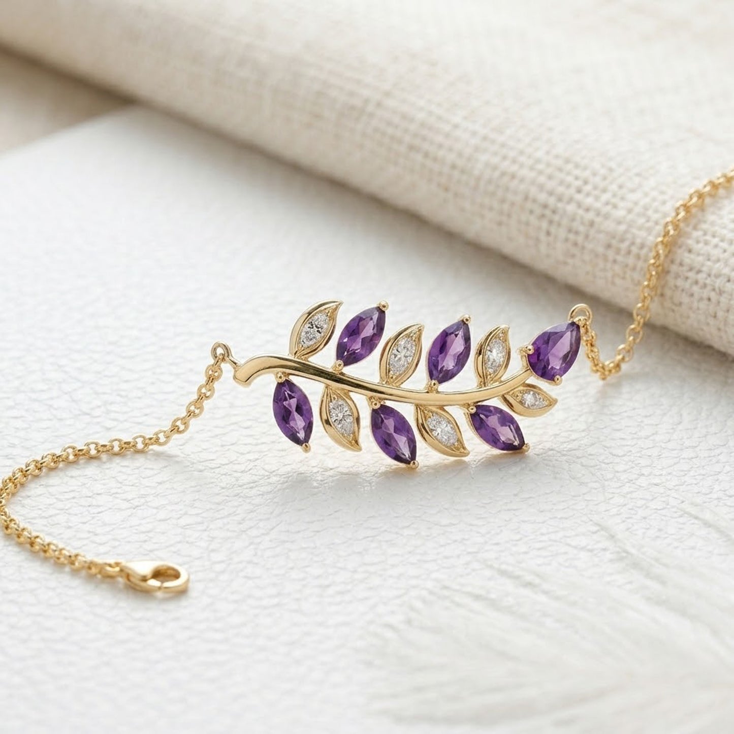 Natural Amethyst & Moissanite Leaf Bracelet – Olive Branch Gemstone Jewelry for Women