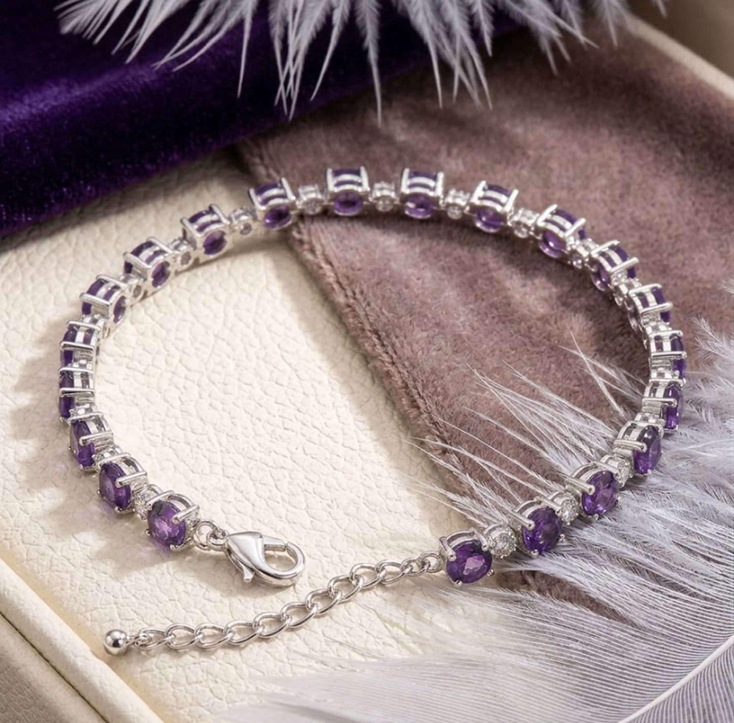 Natural Amethyst & Moissanite Tennis Bracelet – Handmade Gemstone Jewelry for Women