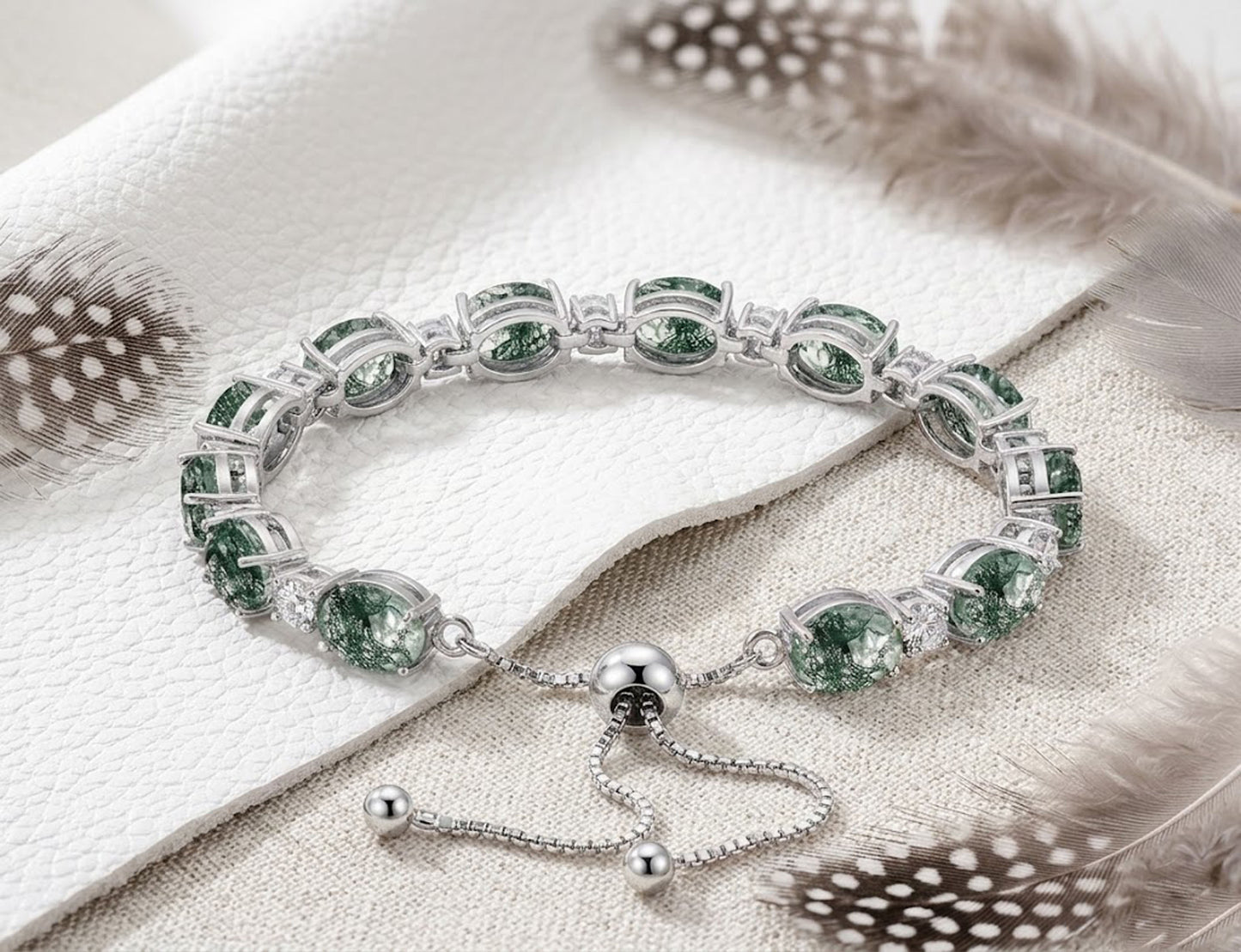 Natural Moss Agate & Moissanite Bolo Bracelet – Handmade Adjustable Green Gemstone Bracelet for Women