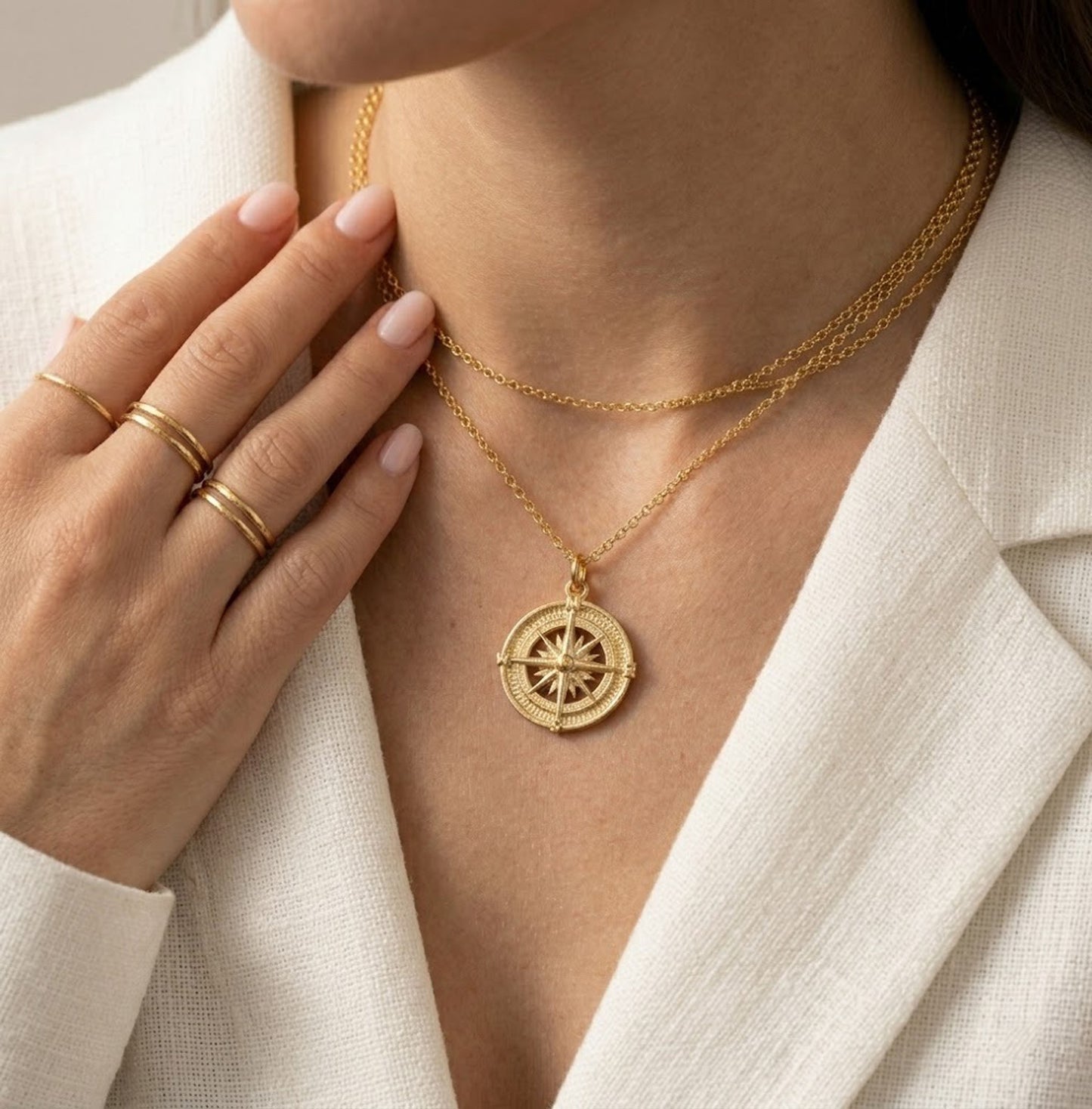 Handmade 18K Gold Compass Necklace – Vintage Nautical Medallion Pendant for Women