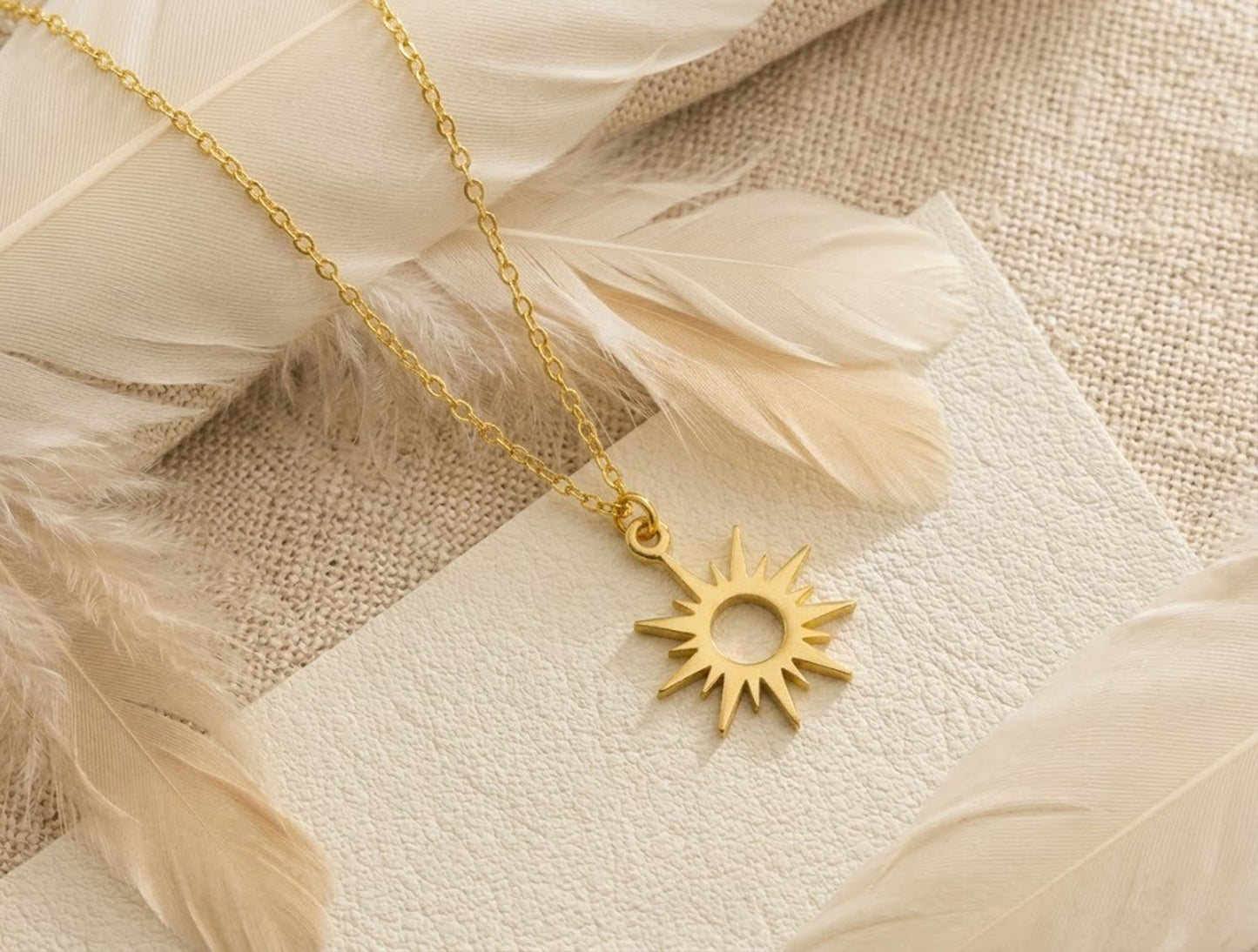 14K Gold Sunburst Necklace – Minimalist Celestial Sun Pendant