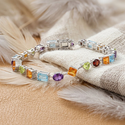 Natural Multi Gemstone Link Bracelet – Handmade Multi-Shape Colorful Jewelry
