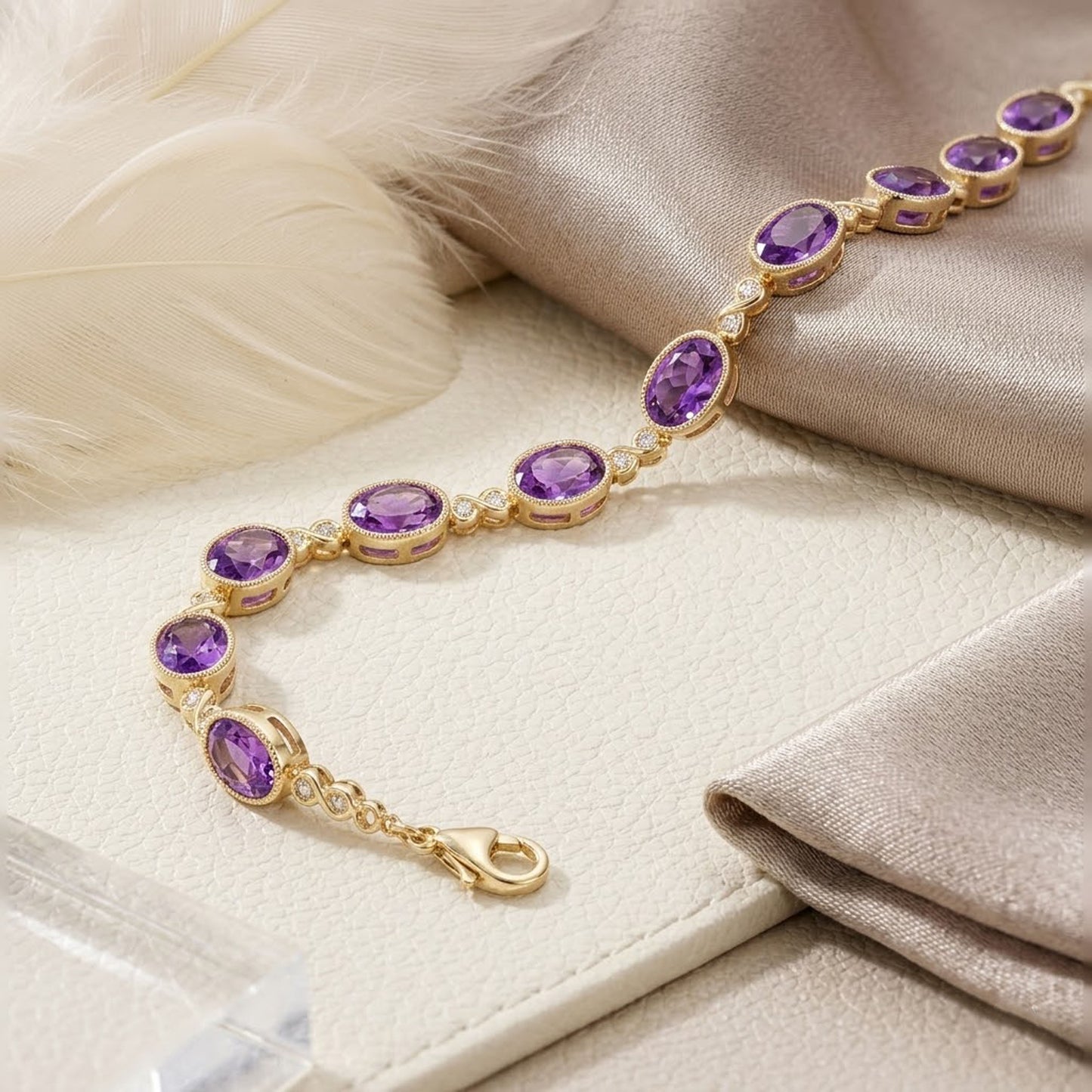 Natural Amethyst & Moissanite Link Bracelet – Purple Gemstone Jewelry for Women