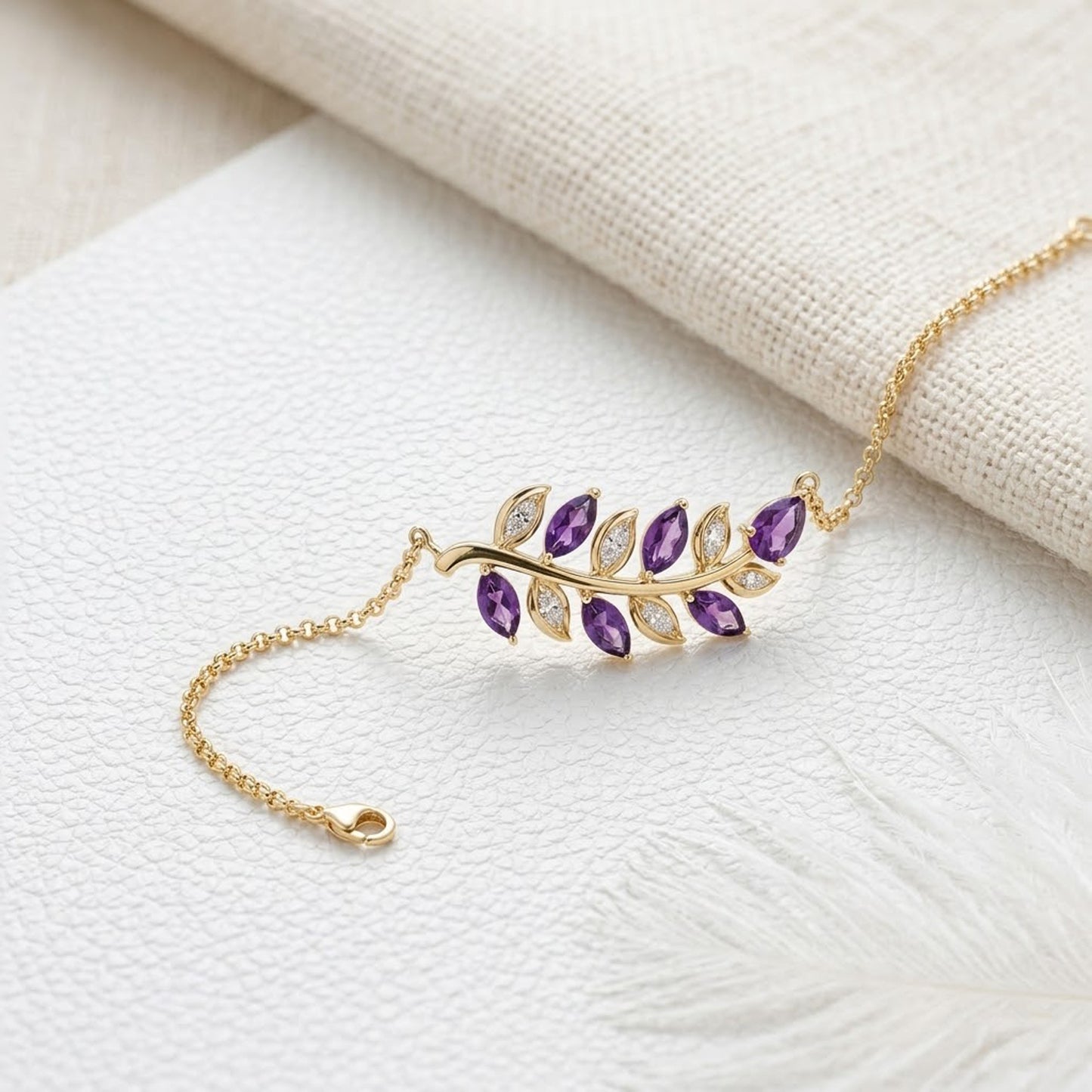 Natural Amethyst & Moissanite Leaf Bracelet – Olive Branch Gemstone Jewelry for Women