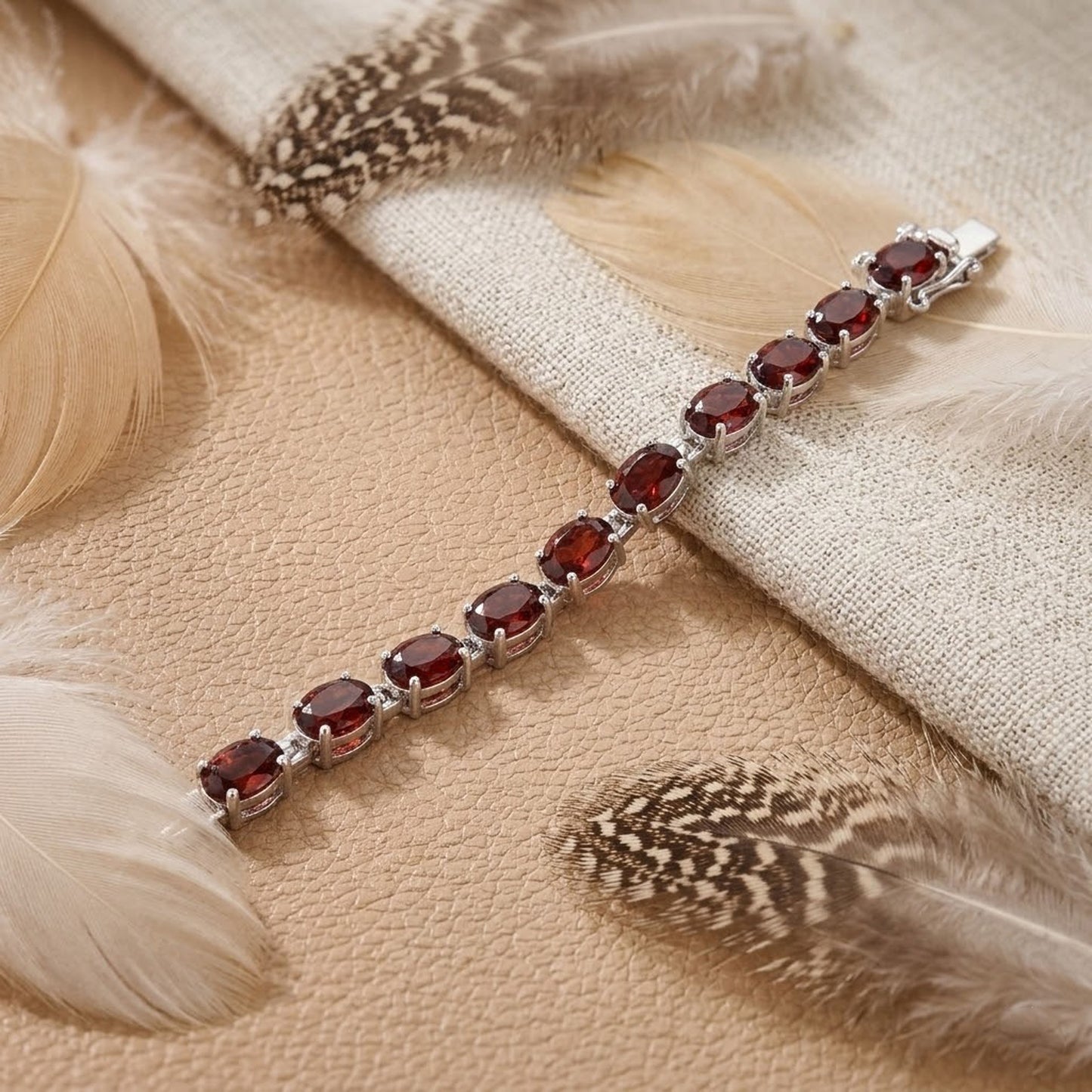 Natural Garnet Oval Tennis Bracelet in 925 Sterling Silver – Handmade Red Gemstone Jewelry