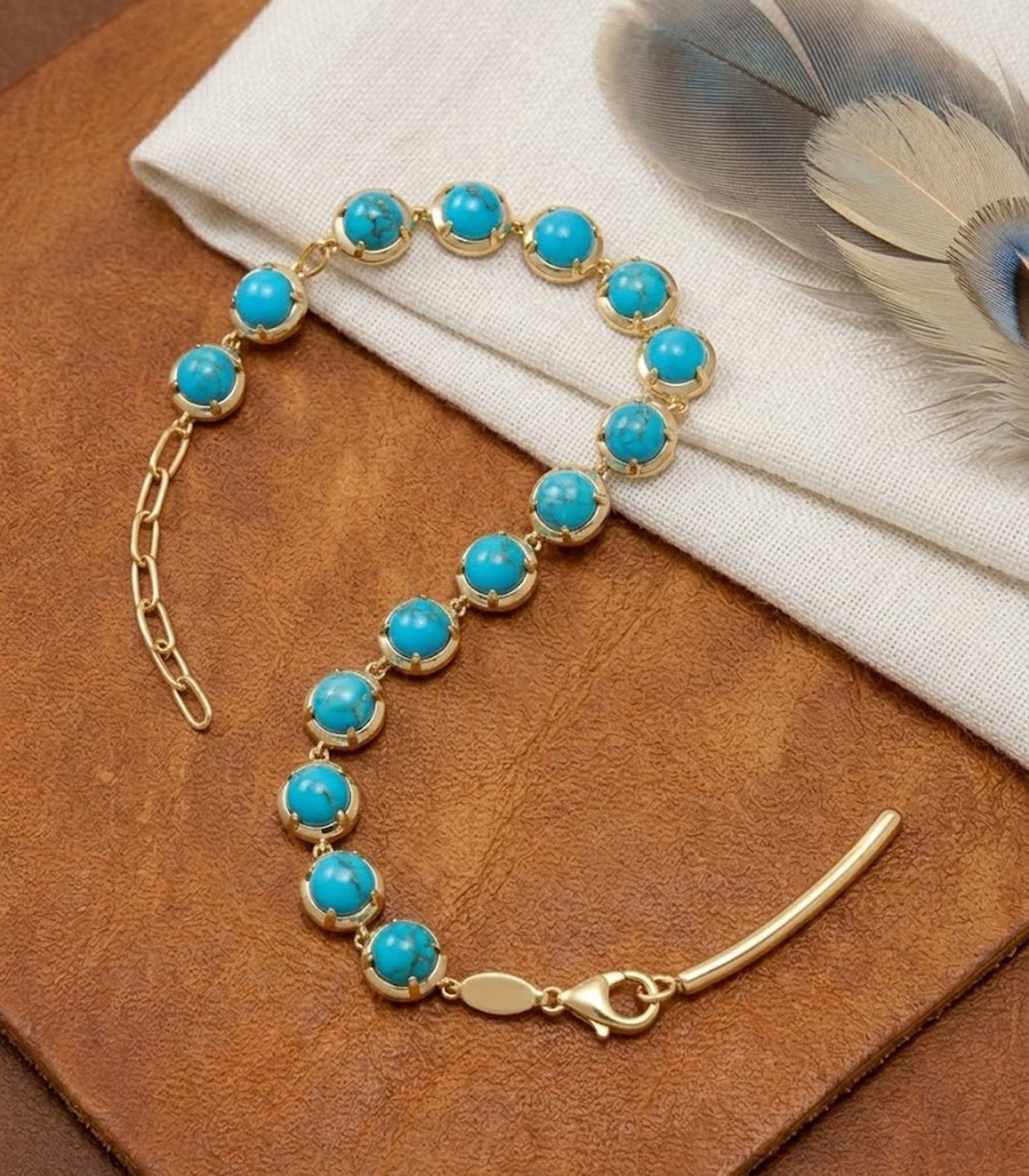 Natural Turquoise Tennis Bracelet – Handmade Round Gemstone Link Bracelet for Women