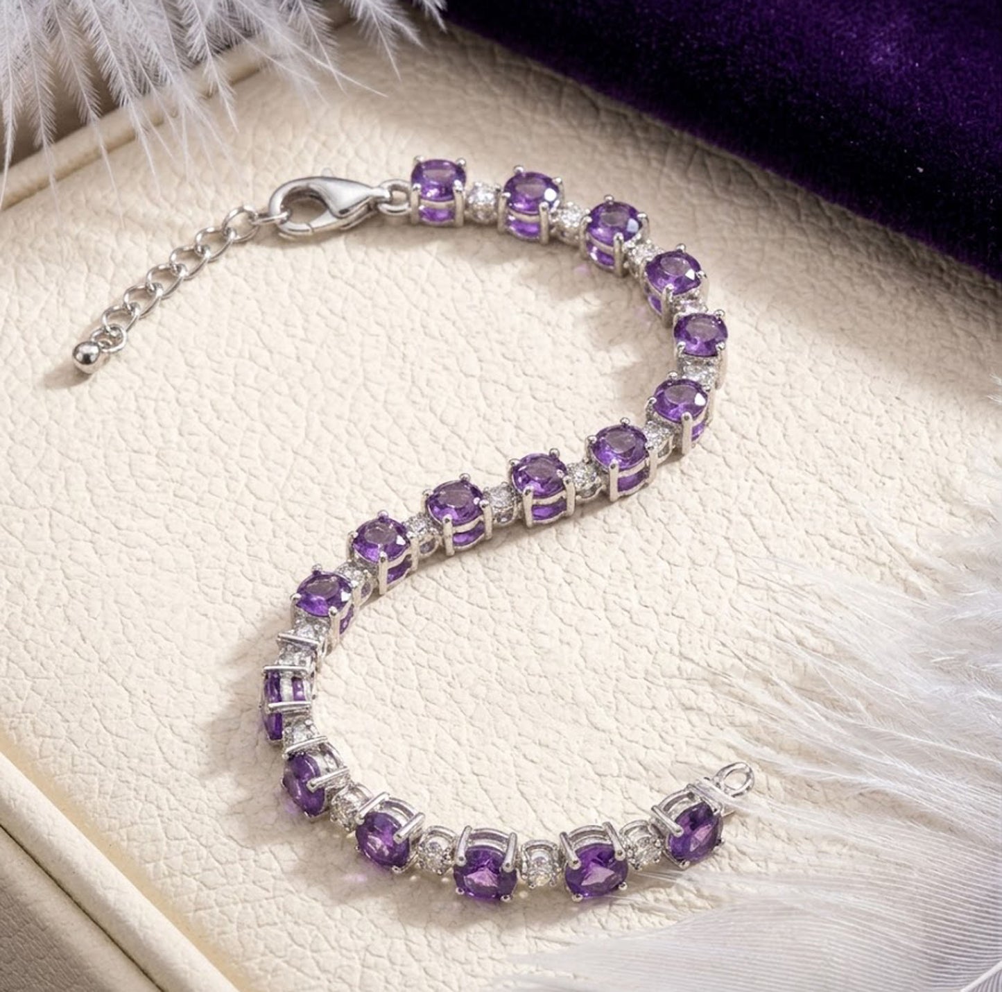Natural Amethyst & Moissanite Tennis Bracelet – Handmade Gemstone Jewelry for Women