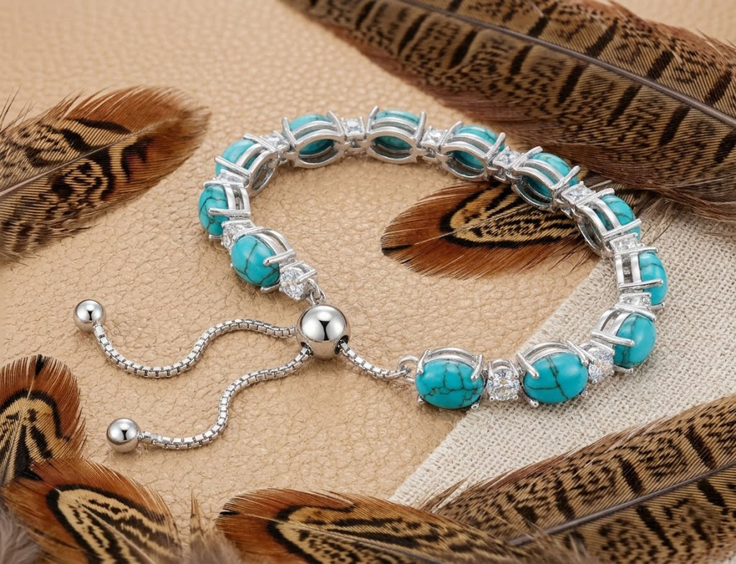 Natural Turquoise & Moissanite Bolo Bracelet – Adjustable Gemstone Bracelet for Women